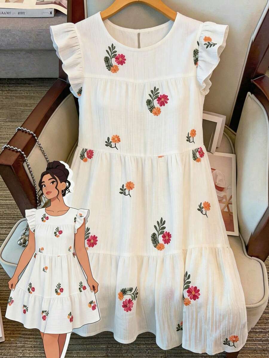 Breezaya Đầm nữ cỡ lớn cổ tròn tay ngắn thanh lịch, tươi trẻ với họa tiết thêu, thiết kế nhiều lớp tinh tế, phù hợp cho đi làm hàng ngày và mặc ngoài trời. - Màu be - Xem 1