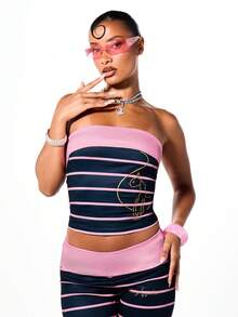 BABYPHAT Fold Over Edge Strapless Bandeau Tube Top With Horizontal Stripe Jersey Print And Logo Detail - Multicolor - View 1