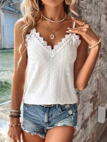 EMERY ROSE Áo hai dây thời trang mùa hè dành cho nữ, cổ áo viền ren, thích hợp cho kỳ nghỉ, mặc thường ngày. - trắng - Xem 5