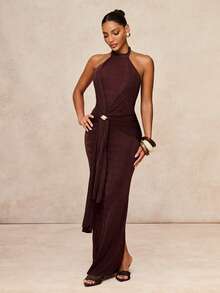 Lumalex Robe moulante pour femmes avec décoration métallique, col roulé, sans manches, froncée et avec ceinture à nouer à la taille - Marron - Voir 5