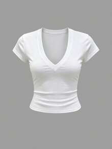 Airaco Women's Solid Color V-Neck Fitted Casual Short Sleeve T-Shirt, Summer - Multicolor - View 3
