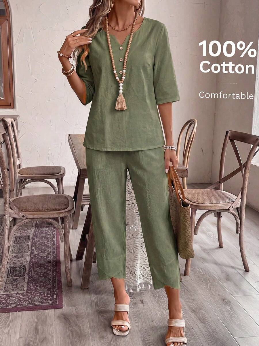 EMERY ROSE Women's Vacation Solid Color V-Neck Shirt And 3/4 Pants Set,Vacation Outfits Women - Green - View 1