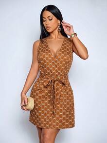 SOLERSUN Đầm ngắn không tay, buộc dây sau lưng, họa tiết vintage dành cho nữ, thanh lịch, thích hợp cho mặc hàng ngày, hẹn hò, tiệc trà chiều, họp mặt, tiệc tùng, lễ tốt nghiệp, đi làm, đi nghỉ mát, lễ hội âm nhạc và nhiều dịp khác. - màu nâu - Xem 8