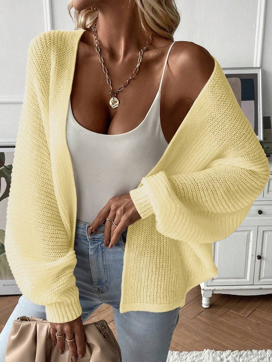 EMERY ROSE Women's Casual Solid Color Open Front Batwing Sleeve Cardigan - Yellow - View 1