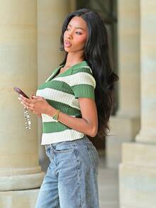 Mima John Contrast Stripe Polo Collar Knit Top, French Street Style Short Sleeve Shirt For Summer - Green - View 3