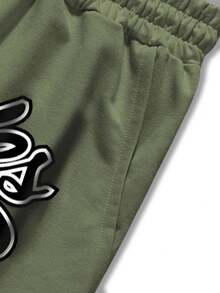 Manfinity Roghcode Quần short nam dáng rộng, in chữ, kẻ sọc, cạp chun, có dây rút, thích hợp cho bóng rổ, thể thao. - xanh quân đội - Xem 4