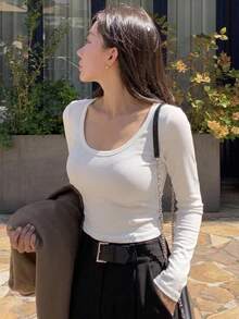 DAZY Solid Scoop Neck Crop Tee Long Sleeve Women Tops - White - View 9