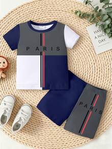 2pcs Baby Boy Outfit, Fashionable Minimalist Letter Pattern & Colorblock Paris Stripe Print Round Neck Short Sleeve T-Shirt With Colorblock Shorts, Suitable For Summer Outings - Multicolor - View 3