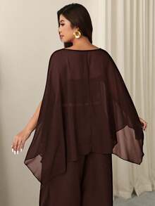 Firerie Plus Size Women's Solid Color Round Neck Asymmetric Hem Chiffon Blouse Fall - Coffee Brown - View 2