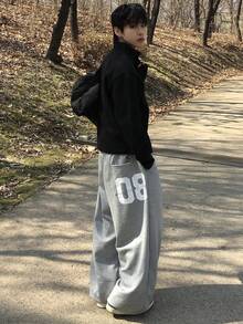 DAZY Long Gray Letter Print Drawstring Hem Design Men Pants - Grey - View 9