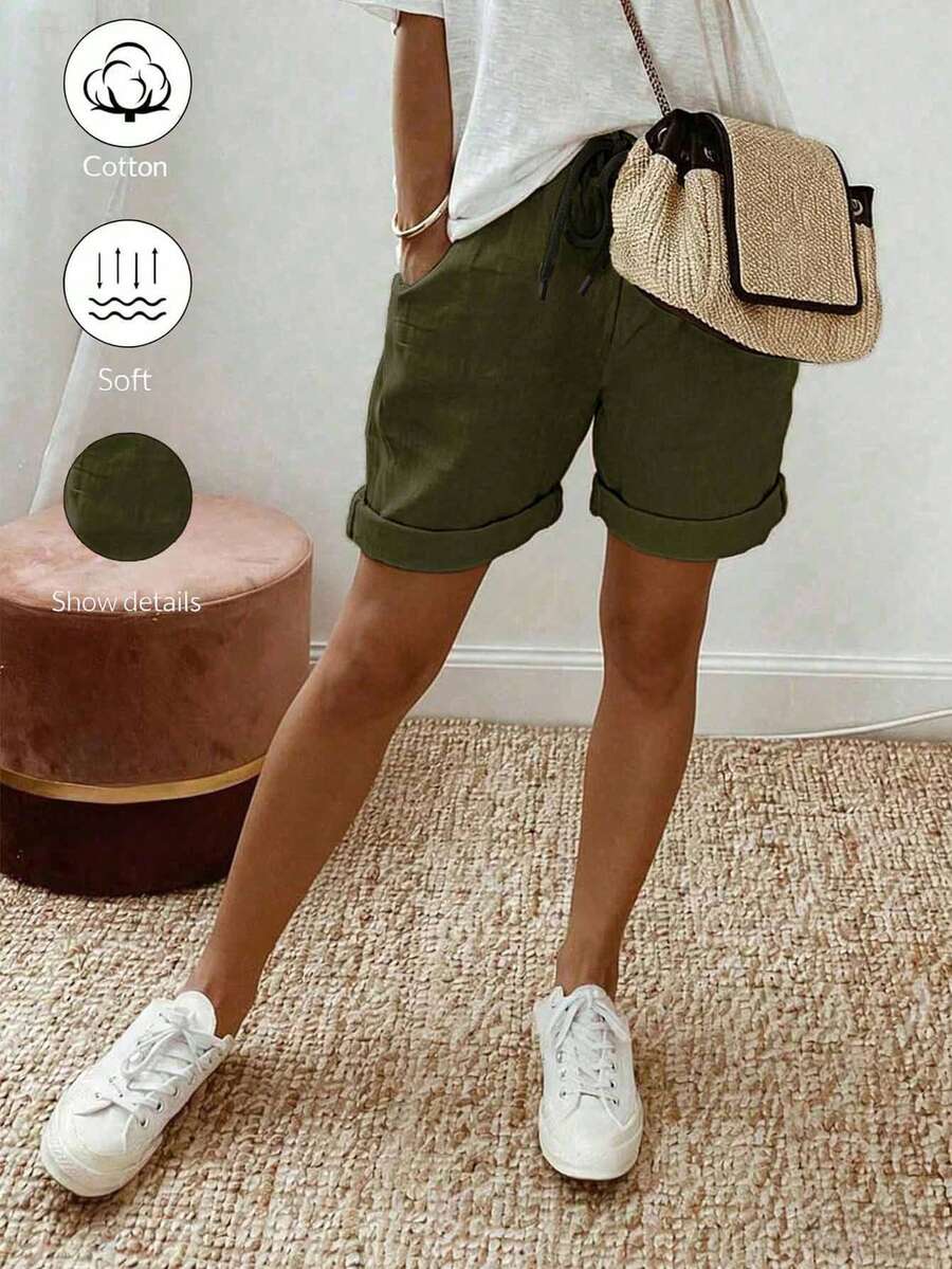 SHEIN Holidaya 女士夏季新款亚麻休闲抽绳卷边短裤,采用亚麻纹理面料,搭配弹性腰抽绳设计和卷边细节,打造轻松时尚的造型,适合日常外出、度假或轻度休闲场合,是一款百搭的休闲抽绳短裤,卡其色优质长裤,宽松修身长裤。 - 軍綠色 - 查看 1