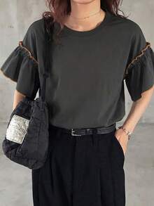 FRIFUL 女士宽松休闲纯色喇叭袖T恤，夏季服装 - 灰色 - 查看 3
