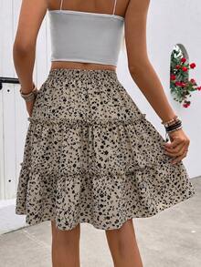 SHEIN Holidaya Chân váy ngắn xếp ly bèo nhún họa tiết thời trang đi nghỉ mát, chân váy in họa tiết màu xanh dương cho mùa xuân/hè. - Màu Khaki - Xem 2