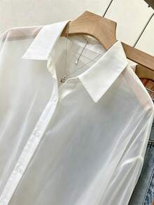 INAWLY Fashionable Minimalist Solid Color Casual Sexy Lightweight Sheer Chiffon Fabric Ruffle Hem Design Long Sleeve Loose Blouse For Women Autumn Golf White - White - View 4