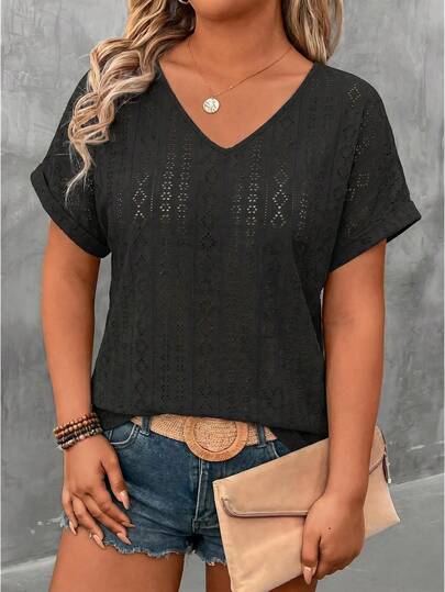 EMERY ROSE Women's Black V-Neck Short-Sleeve Casual T-Shirt, Stylish Outfit Suitable For Commuting, Vacation And Daily Wear, Spring And Summer Style, Gift For Sisters, Gift For Mom, Casual And Fashionable Top.