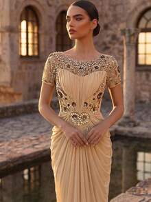 Serin Elegant Champagne Gold Winter Maxi Dress,Luxurious Beaded Lace Applique Mesh Ruched Sleeve Formal Gowns For Wedding,Dinner,Evening,Mother Of The Bride - Apricot - View 3