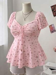 Sweetra Plus Size Women's Square Neck Drawstring Cap Sleeve Ruffle Sleeve Ditsy Floral Casual Cute Elegant Vacation A-Line T-Shirt, Spring/Summer - Pink - View 4