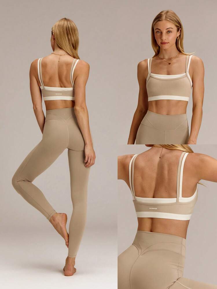 FeatherFit™ 2-In-1 Removable Padding Mock 2 Piece Design Colorblock Sports Bra With Removable Anti-Slip Cups Yoga Pilates Studio Daily Wear