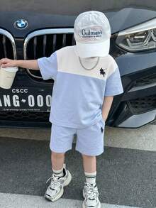 Kids Boy Casual Sporty Contrast Color Patchwork Short Sleeve Crew Neck T-Shirt And Shorts Set,White,Summer,Career Day,Back-To-School Tracksuit,Y2K Set - Multicolor - View 6