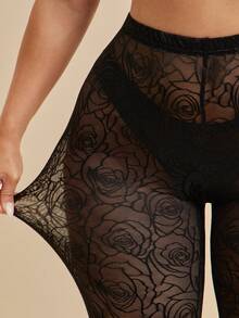SHEIN BAE CURVE Plus Size Black Semi-Sheer Flocked Mesh Stirrup Leggings,Rose Pattern Tights For Women,Elegant Floral Design Pantyhose,Autumn Classy Rave See-Tights - Black - View 7