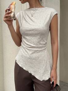 Siren Gaze Women's Chic Beige Summer Top,Elegant Pleated Asymmetrical Hem Short Sleeve Knit Shirt,Minimalist Fitted Mock Neck Office Date Casual Brunch Wear,1pc - Apricot - View 5