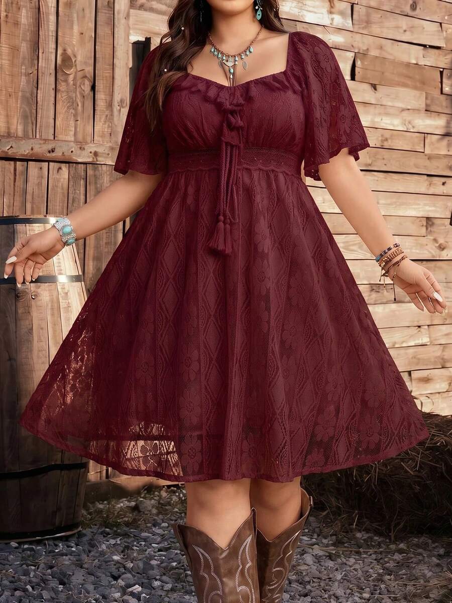Ceyna Vestido de encaje con cuello de corazón, cintura con lazo y volantes, estilo elegante de vacaciones para mujer de talla grande - Burdeos - Ver 1