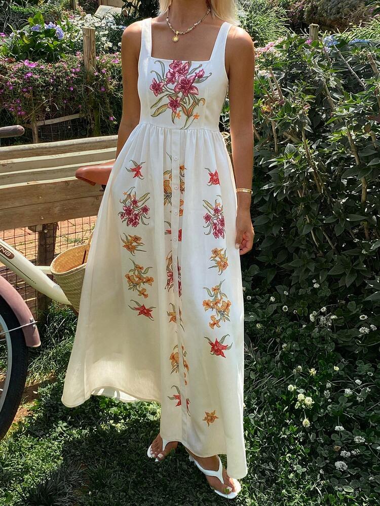 Floral Print Fitted Waist Square Neck Dress, Elegant Bohemian Holiday Style For Women, Summer