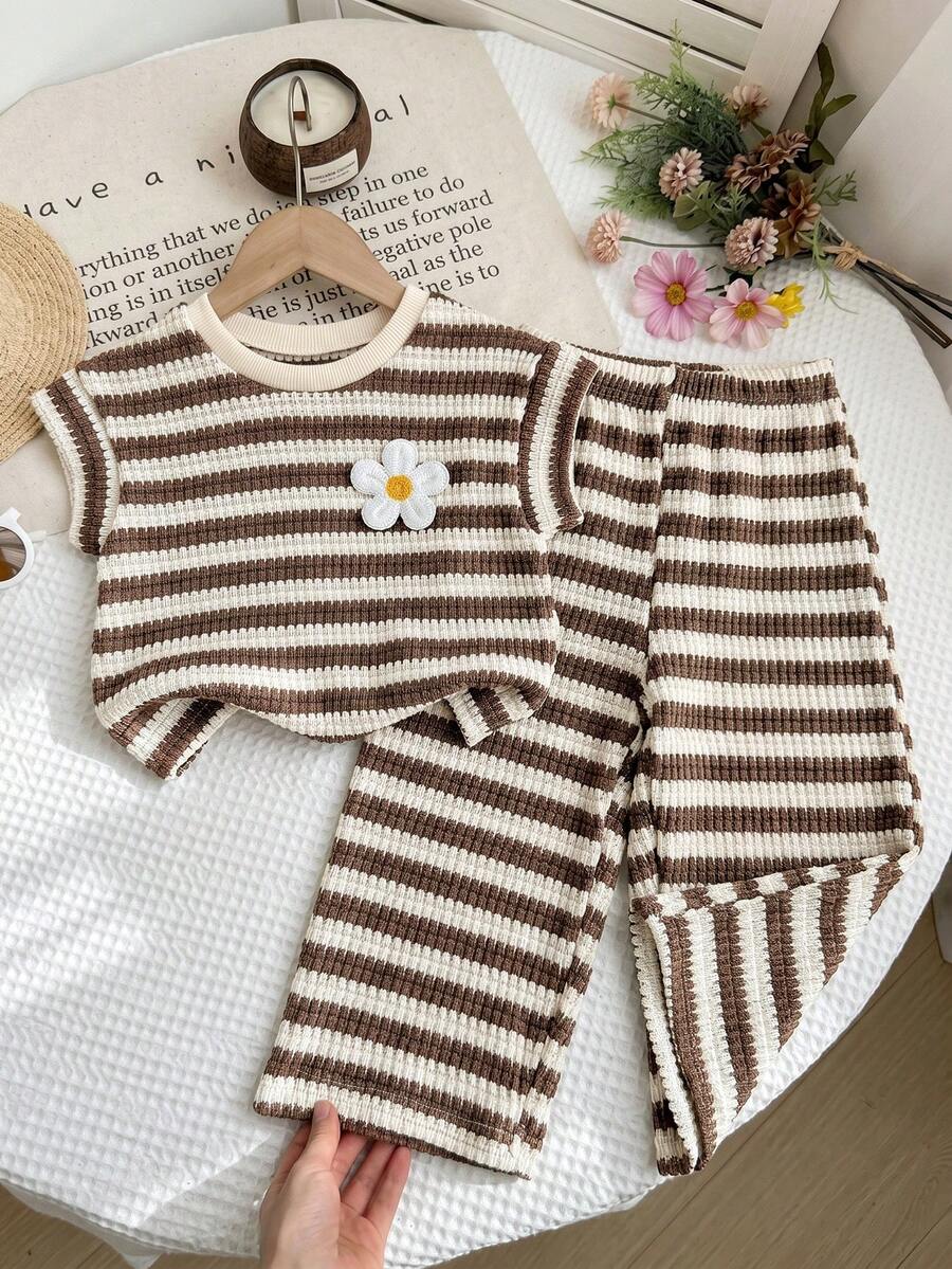 SHEIN 女婴针织条纹碎花休闲圆领上衣和裤子套装 - 彩色 - 查看 1