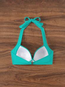 SHEIN Swim 适合夏季海滩的纯色吊带露背性感比基尼上衣 - 綠色 - 查看 2