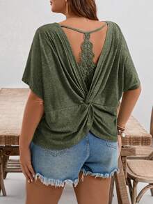 SHEIN Frenchy Áo thun tay cánh dơi phối ren, khoét rỗng, cỡ lớn, kiểu dáng thường ngày. - xanh quân đội - Xem 1