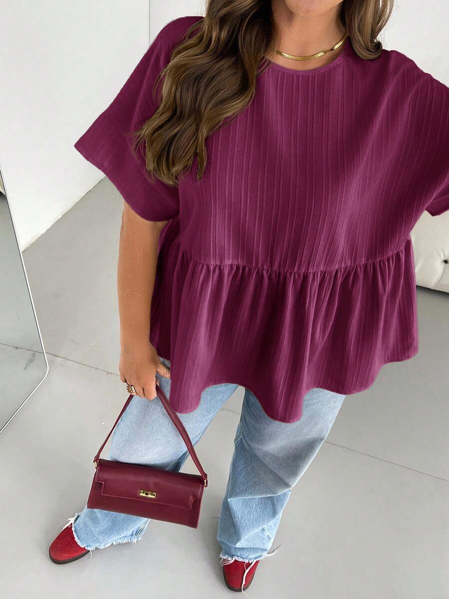 SHEIN Essnce Áo sơ mi ngắn tay màu vàng nhạt dành cho nữ cỡ lớn, thời trang xuân hè, dáng rộng thoải mái, đa năng, chất liệu vải mềm mại, kiểu dáng đơn giản, tôn dáng, màu vàng bơ, thích hợp mặc đi chơi, áo kiểu nữ, phong cách mùa hè châu Âu, áo xếp bèo, trang phục dự tiệc trưa cho nữ. - Màu đỏ tím - Xem 1