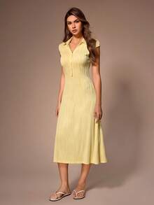 Lazeform Áo ngủ dài nữ màu vàng cổ polo cài cúc, chất liệu jacquard, họa tiết sóng, kiểu dáng thường ngày. - Màu vàng - Xem 3