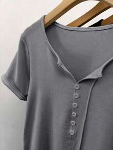 INAWLY Plus Size Women Summer Casual Retro Minimalist Romantic Button Decor Short Sleeve T-Shirt - Grey - View 4