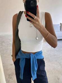 DAZY 女士休闲日常通勤简约纯色修身短款背心，夏季 - 白色 - 查看 2