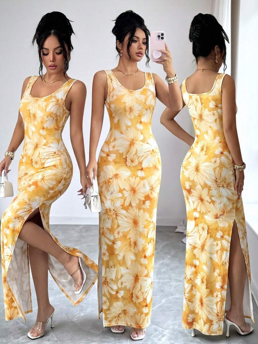 SHEIN Elenzya Exquisite Printed Chinoiserie Waist-Cinching Slit Luxurious Retro Middle Eastern UAE Style Robe, Tight Fit, Multi-Color, Sleeveless - Yellow - View 1