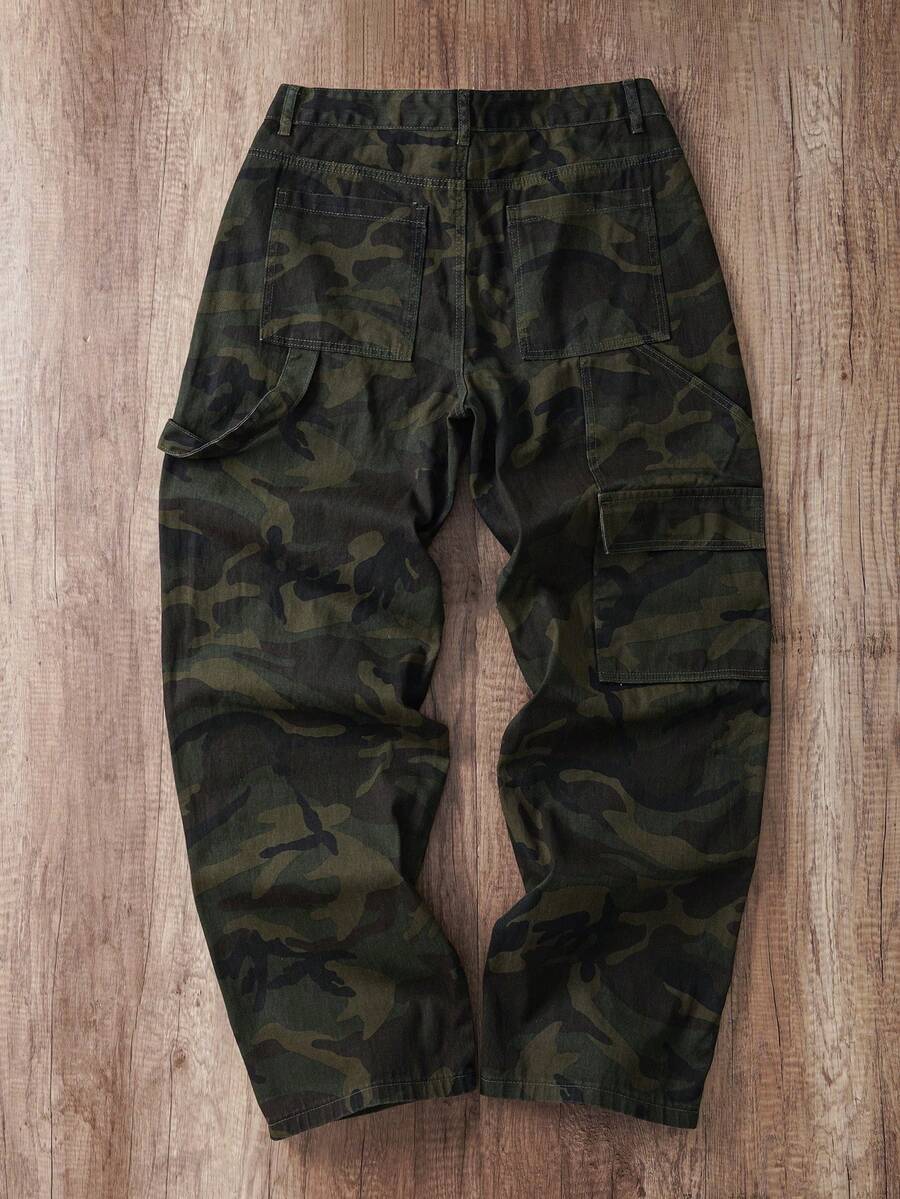 Manfinity Joysei 男士休闲多口袋迷彩牛仔工装裤，街头时尚 - 軍綠色 - 查看 1