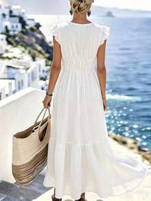 SHEIN Holidaya Đầm nữ dáng ôm, cổ chữ V, tay ngắn, chất liệu mềm mại, điểm nhấn là nơ trang trí, thích hợp cho công sở, mặc hàng ngày và đi nghỉ mát. - trắng - Xem 3