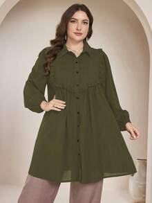 Graceveil Casual Solid Color Long Sleeve Loose Regular Fit Shirt, Plus Size, Spring/Autumn Fall - Army Green - View 5