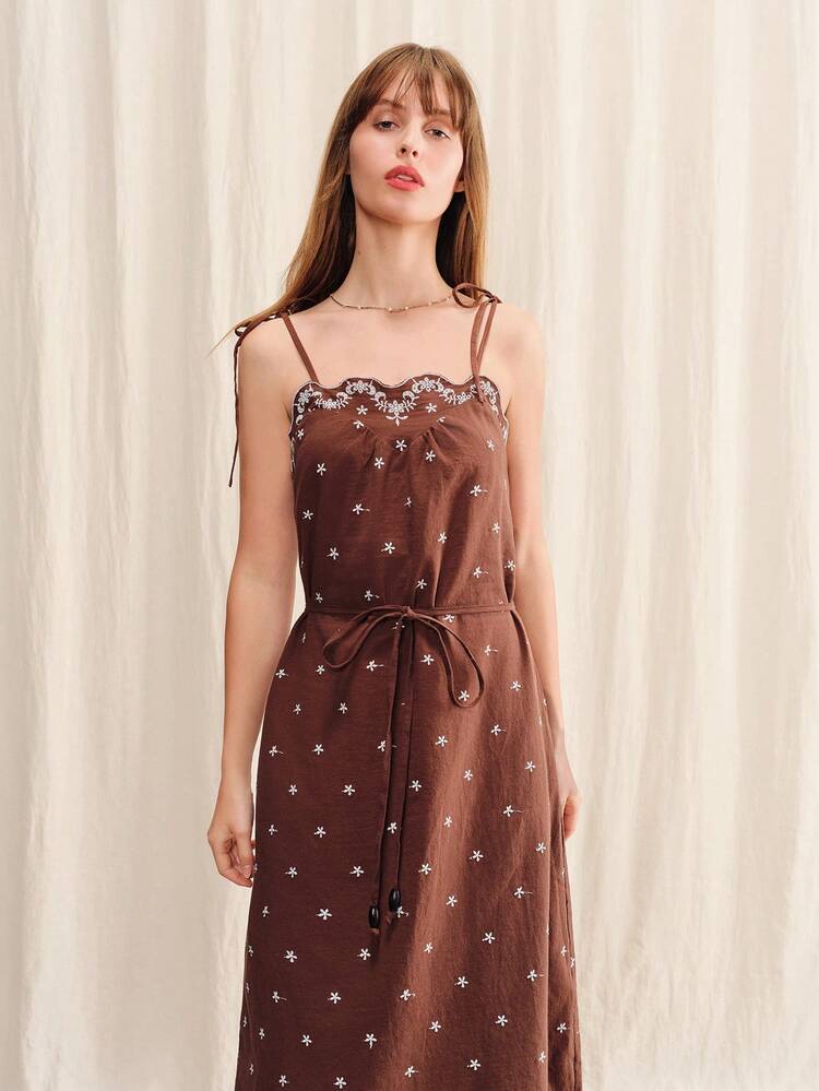 Vestido midi de algodón holgado con bordado en marrón, con dobladillo de concha para primavera y verano, vestido de vacaciones, vestido de algodón marrón, vestido de estilo francés vintage