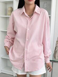 DAZY Striped Drop Shoulder Shirt,Fall Clothes Long Sleeve Top - Baby Pink - View 3