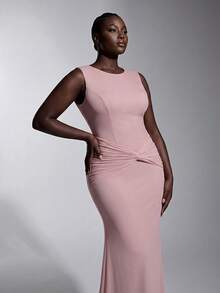 Elitara Plus Size Pink Simple Elegant Dress For Women Twist Backless Formal Evening Wedding Bridesmaid Evening Dinner Spring Maxi Wedding Guest Party - Pink - View 6