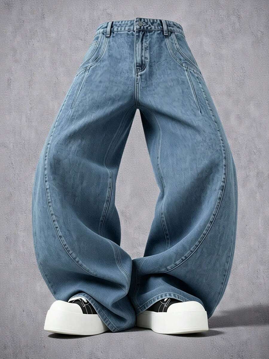 Manfinity Denimwave 男士水洗蓝色弧形口袋纽扣门襟阔腿牛仔裤 - 藍色 - 查看 1