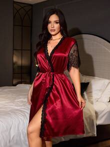SilkySpell Plus Size Women Lace Patchwork Faux Silk Butterfly Decor Backless Sexy Robe - Burgundy - View 5