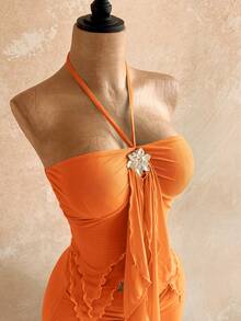 Soleia 2pcs/Set Women's Summer Vacation Halter Neck Ruffle Trim Top And Skirt Set,Summer Outfits For Women - Orange - View 4