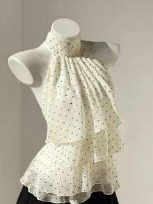 INAWLY Retro Polka Dot Chiffon Halter Blouse For Women - Beige - View 1