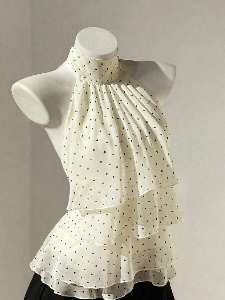 INAWLY Retro Polka Dot Chiffon Halter Blouse For Women - Beige - View 1