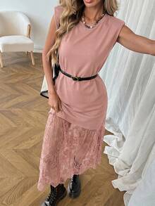 SHEIN LUNE Women's Casual Solid Color Lace Patchwork Sleeveless Long Dress, Basic Outfit For Spring/Summer Daily Wear Date, Commuting And Outings Dusty Pink - Dusty Pink - View 6