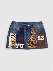 ROMWE J-Fashion Chân váy ngắn nữ phong cách retro punk rock phối họa tiết da báo và denim, cạp siêu thấp. - Màu xanh lam - Xem 1