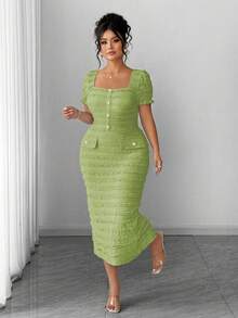 Elenzga Plus Size Women's New Elegant Square Neck Short Sleeve Textured Knit Midi Bodycon Dress - Green - View 8