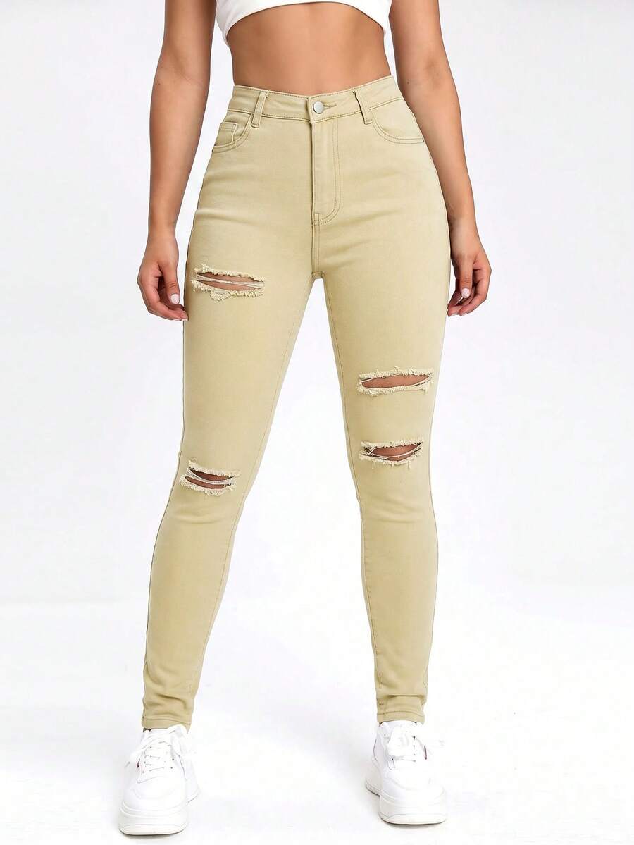 SHEIN EZwear 黑色斜插口袋破洞紧身牛仔裤 - 杏色 - 查看 1